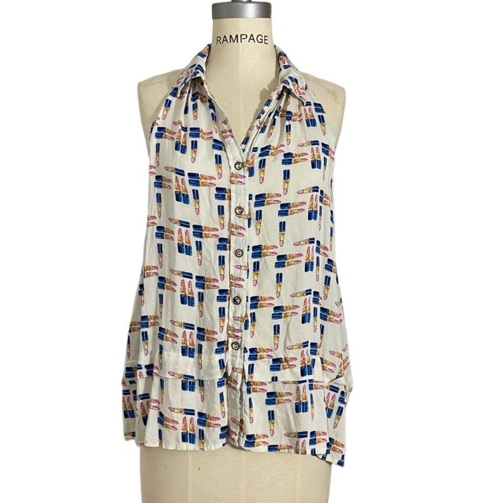 Maeve Women’s Size 4 Sleeveless Novelty Lipstick Blouse Collared Button Down